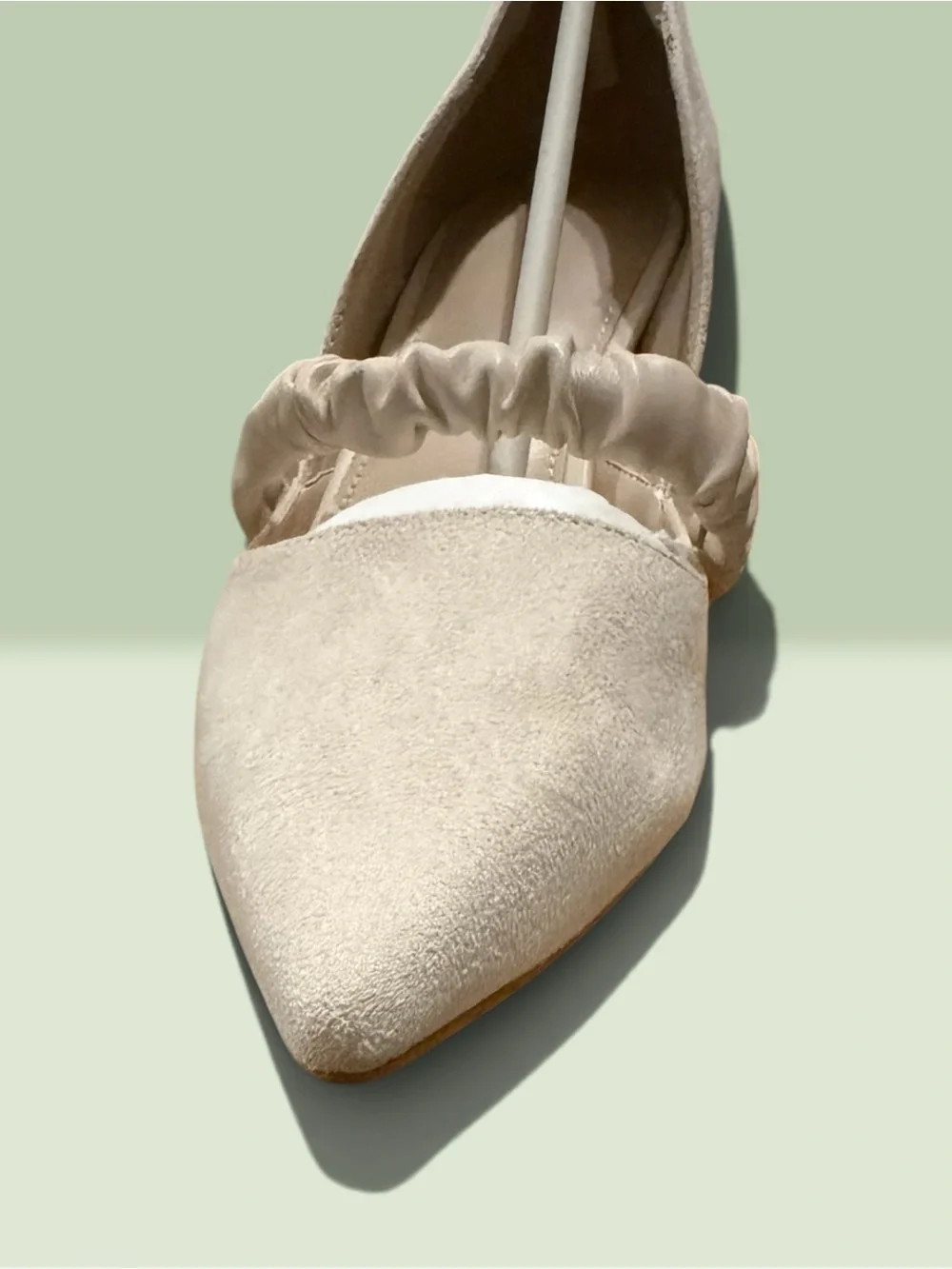 Ruched Strap Pointed-Toe Mid Heel in Cream